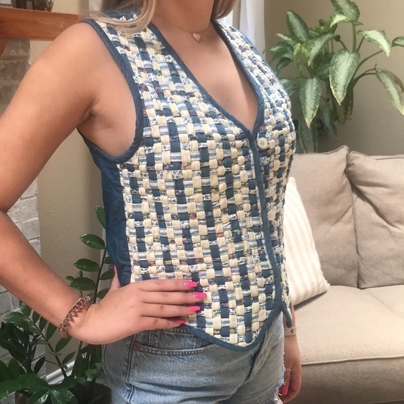 Rare Vintage Cottagecore Quilted Woven Denim Vest - Picture 1 of 14
